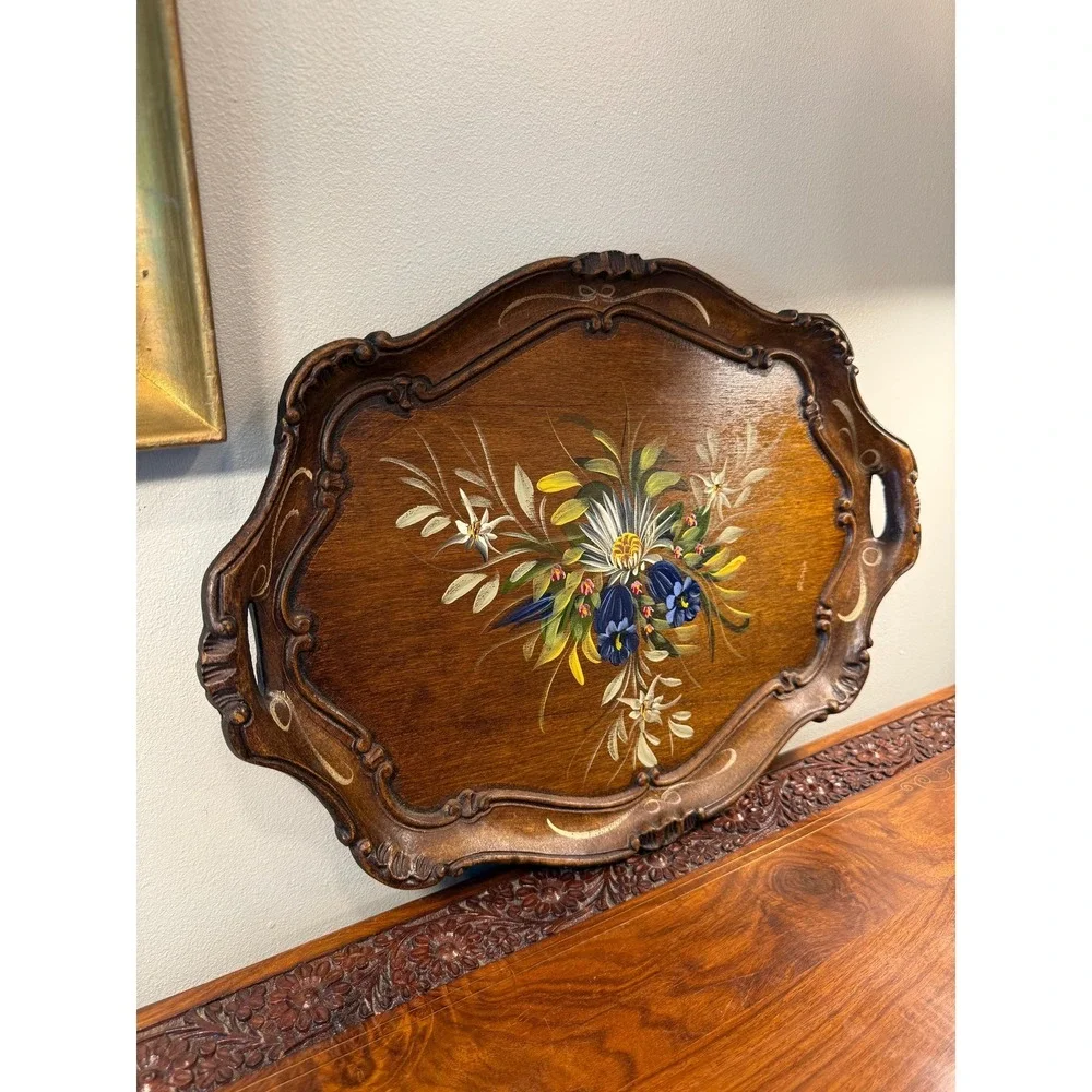 Vintage Ernst Huber Berchtesgaden Germany Hand Painted Carved Wood Tray Floral